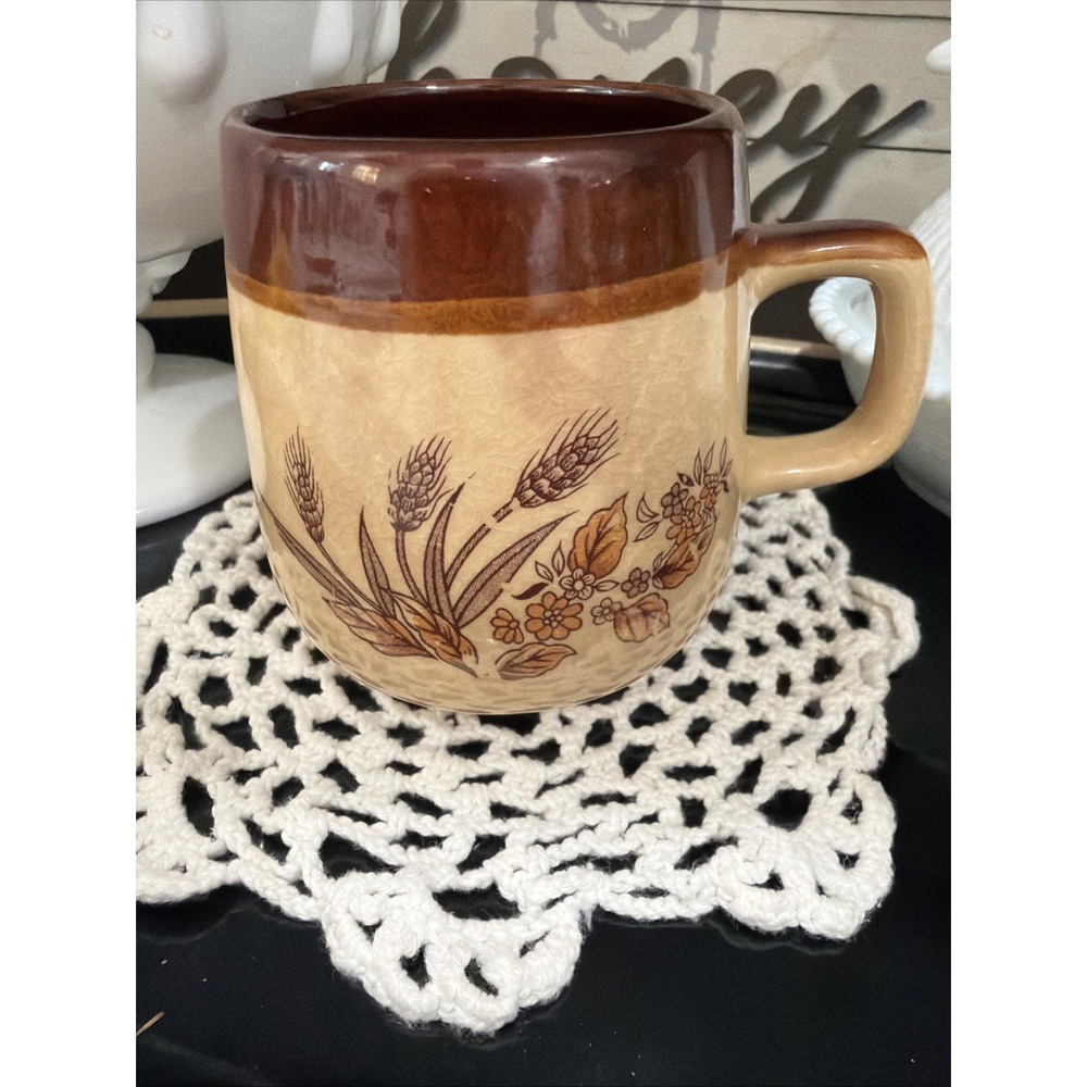 Vintage Mug 1970 Country Wheat Brown Handle Ceramic Cup Cottage Stoneware Crazin